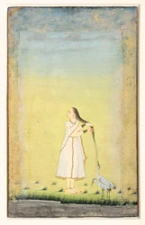 Eine Frau lässt Kraniche Wasser trinken, das aus ihrem Haar fließt